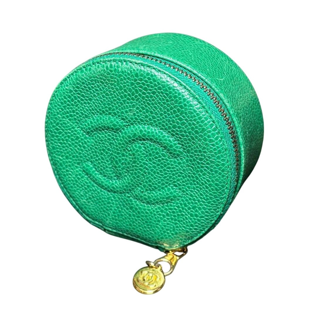 CHANEL CC Caviar Round Pouch Jewelry Travel Case Coin Purse Green