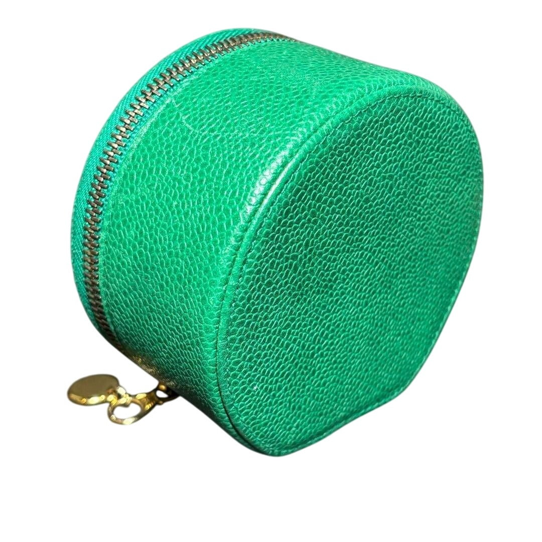 CHANEL CC Caviar Round Pouch Jewelry Travel Case Coin Purse Green