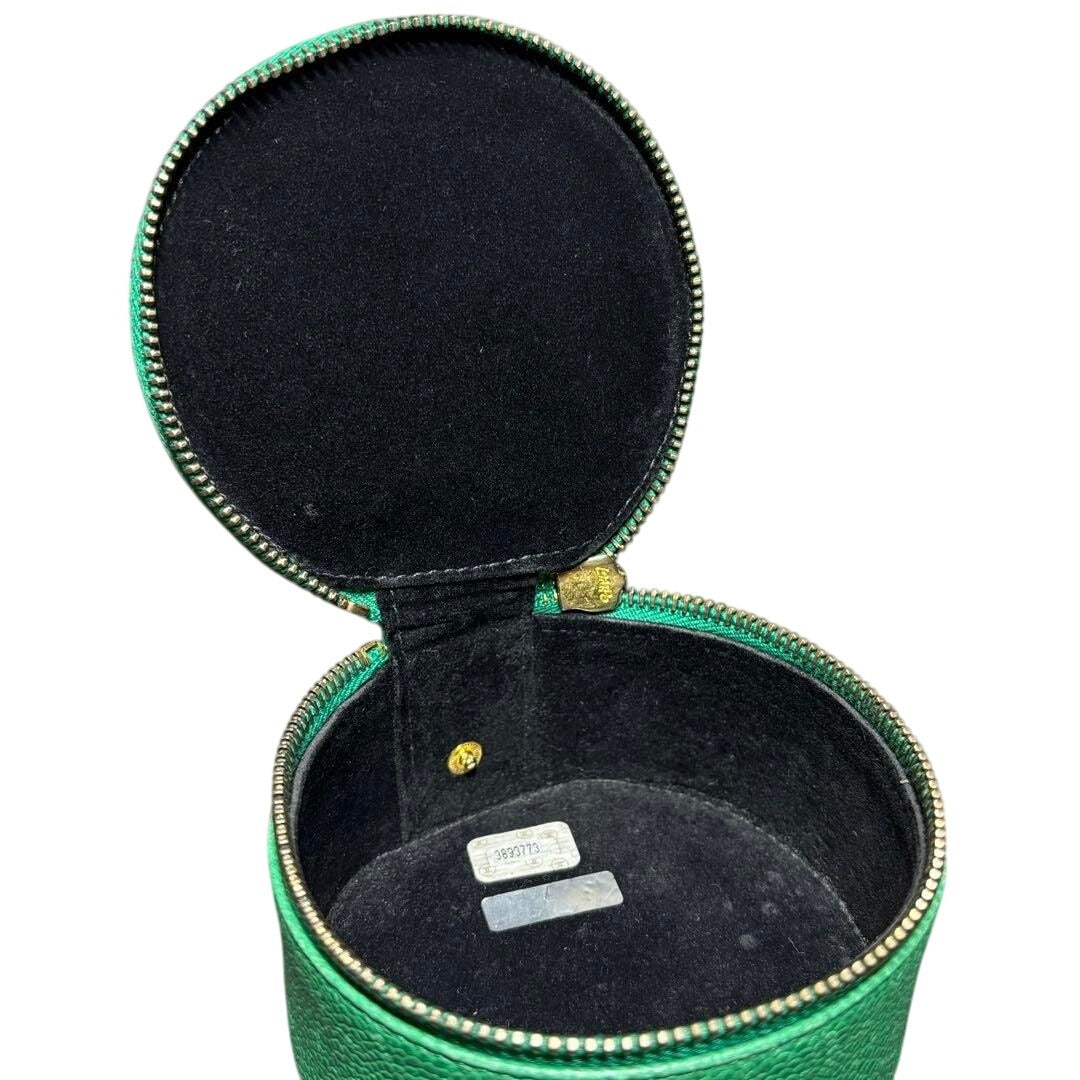 CHANEL CC Caviar Round Pouch Jewelry Travel Case Coin Purse Green