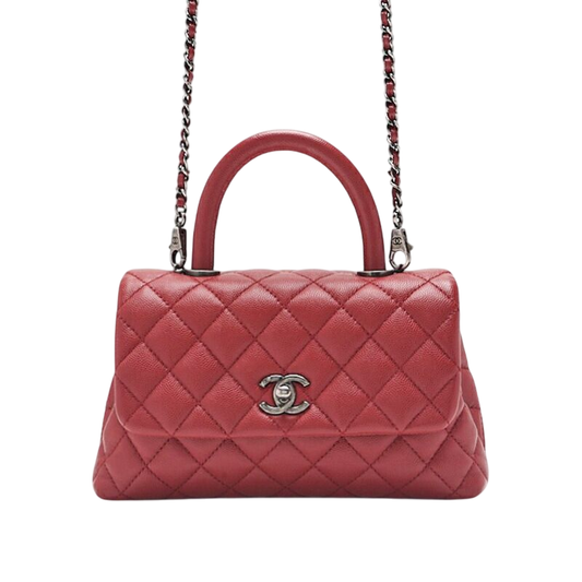 Chanel Matelasse Coco Handle 2WAY Handbag Caviar Skin Red With Silver Hardware