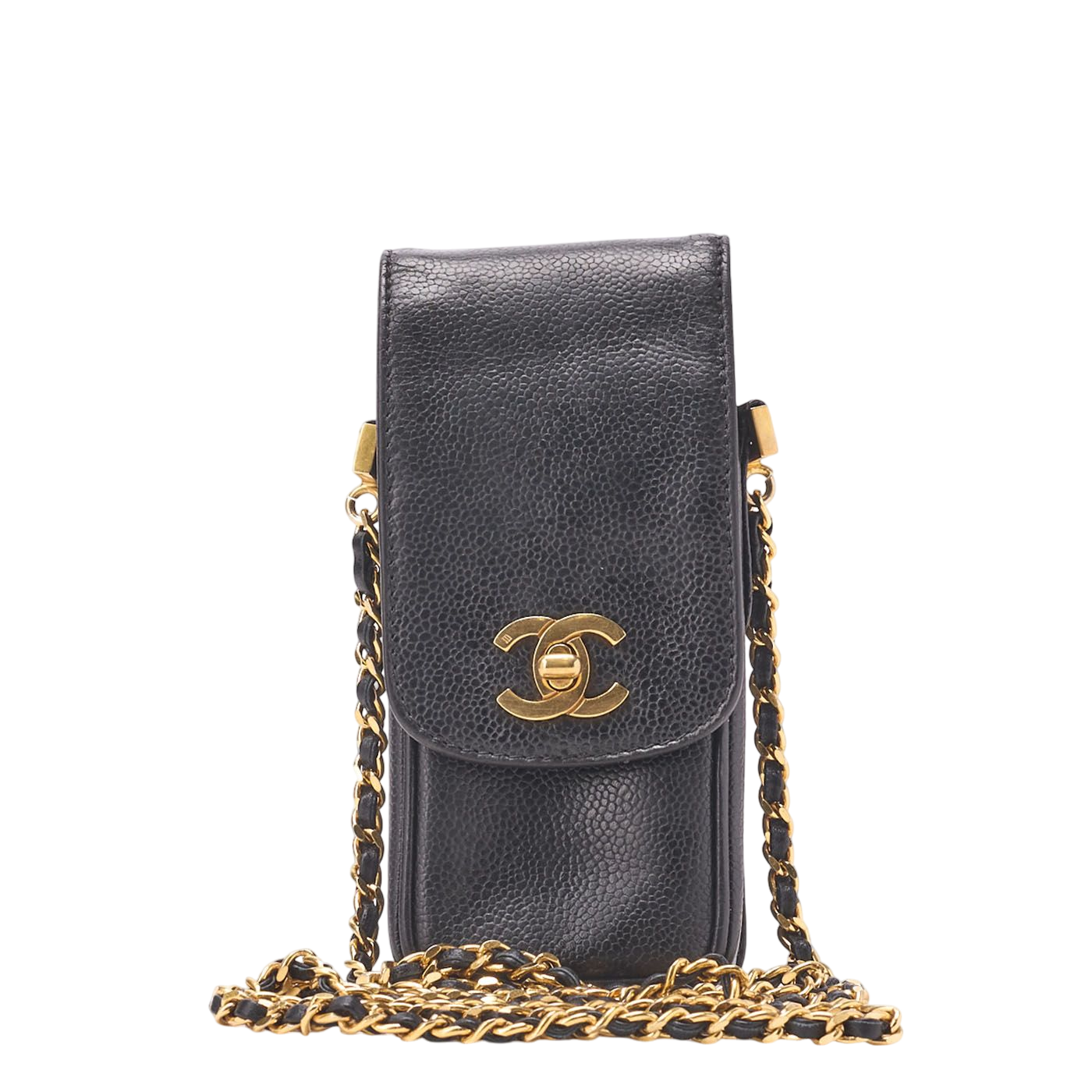 Chanel Shoulder Bag Pouch Caviar Skin Black Gold Hardware Turnlock Vertical