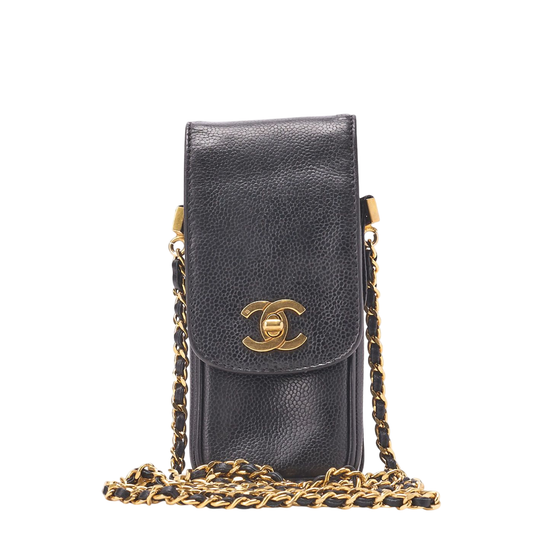 Chanel Shoulder Bag Pouch Caviar Skin Black Gold Hardware Turnlock Vertical