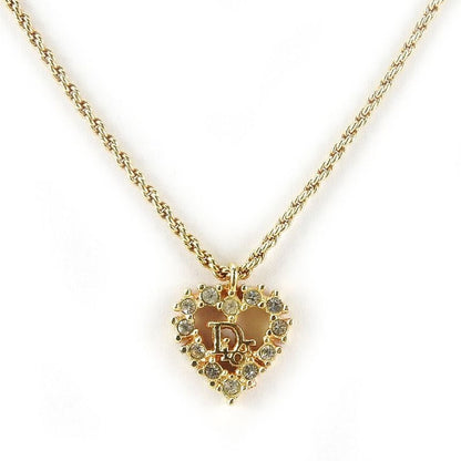 Christian Dior Necklace Metal Gold Heart Rhinestone Accessories Women