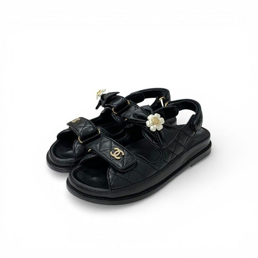 Chanel Sandals Shoes Leather Black Gold CC Logo Quilted Camellia Line Stone