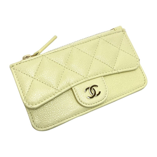 Chanel Quilted Classic Card Case Ap2570 Light Yellow Caviar Leather Coin