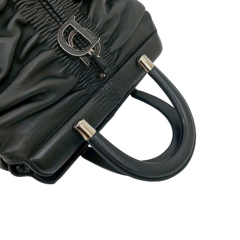 Christian Dior Karenina CD Logo Charm Hardware Leather Handbag Tote Bag Black