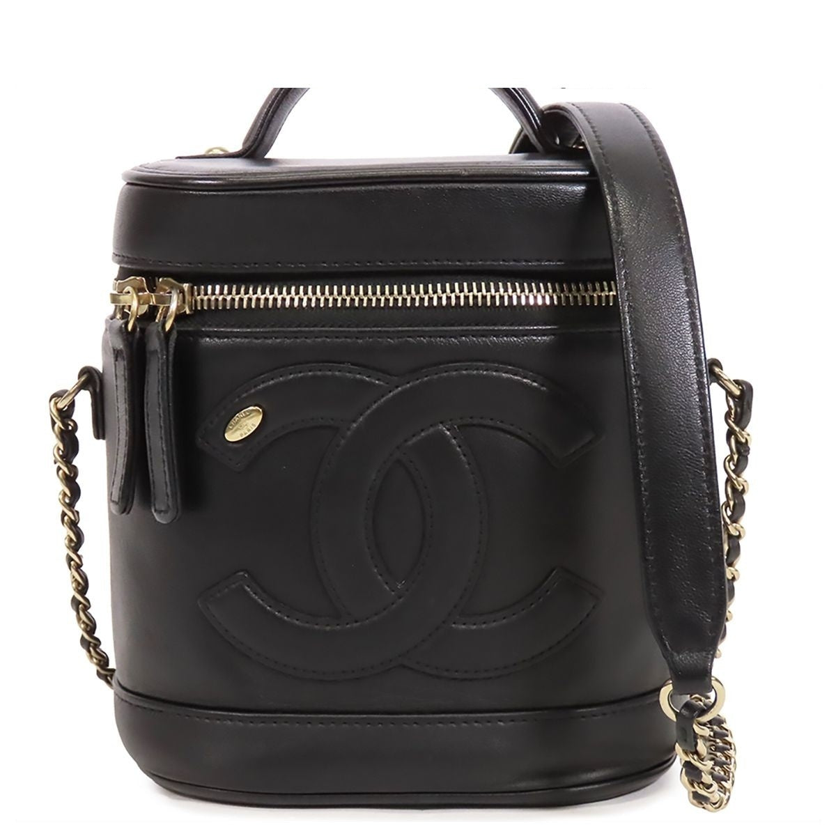 Chanel Vanity Black Gold Lambskin 2-Way Chain CC Logo Shoulder Bag