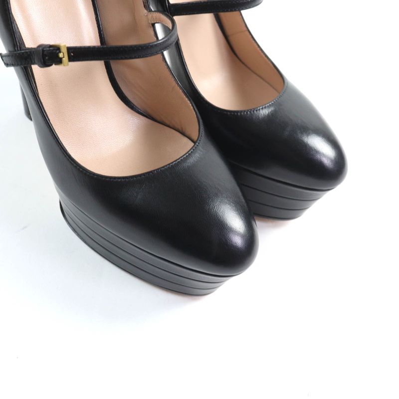 Gucci 750490 Belt Design Almond Toe Thick Sole Leather Pumps Black 37.5 Made In