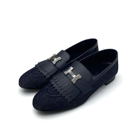 Hermes Royale Loafers Leather Shoes Denim Navy Silver Hhardware Fringe