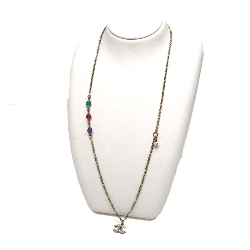 Chanel Necklace Coco Mark Rhinestone Three Color Beads Gold Color 9.3g H21032