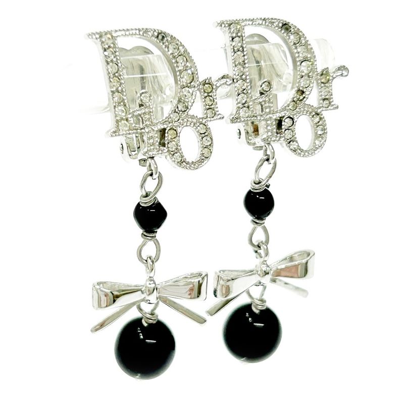 Christian Dior Metal Rhinestone Dior Logo Swing Ribbon Earrings Silver 291225