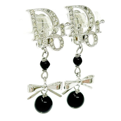 Christian Dior Metal Rhinestone Dior Logo Swing Ribbon Earrings Silver 291225