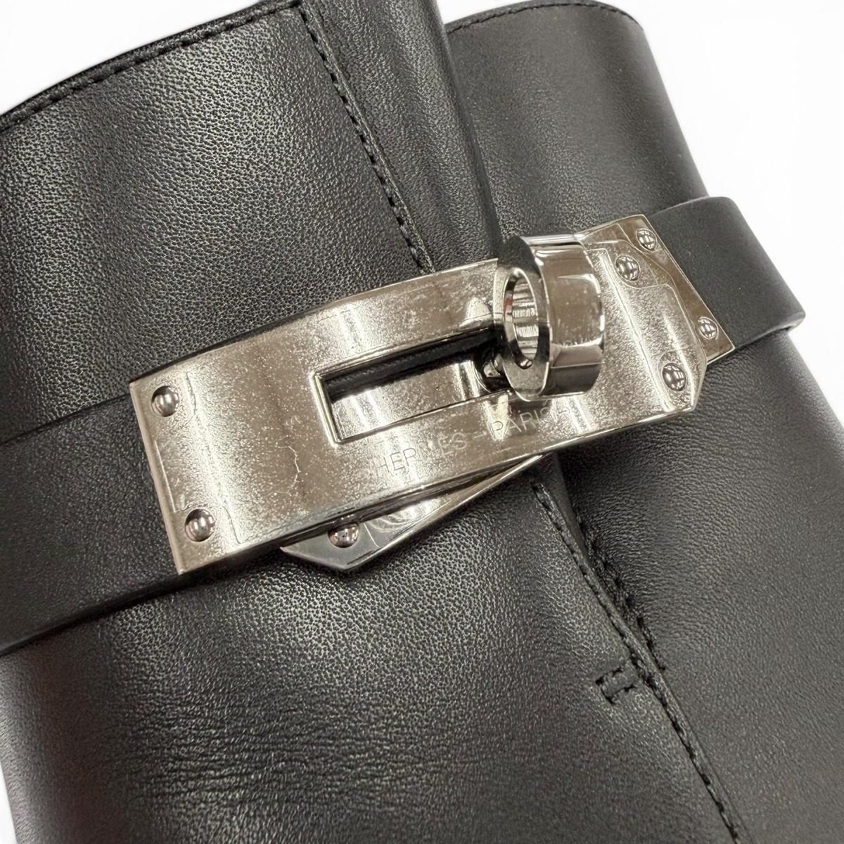 Hermes Saint Germain Silver Kelly Buckle Side Zip Leather Short Boots Black — view 8