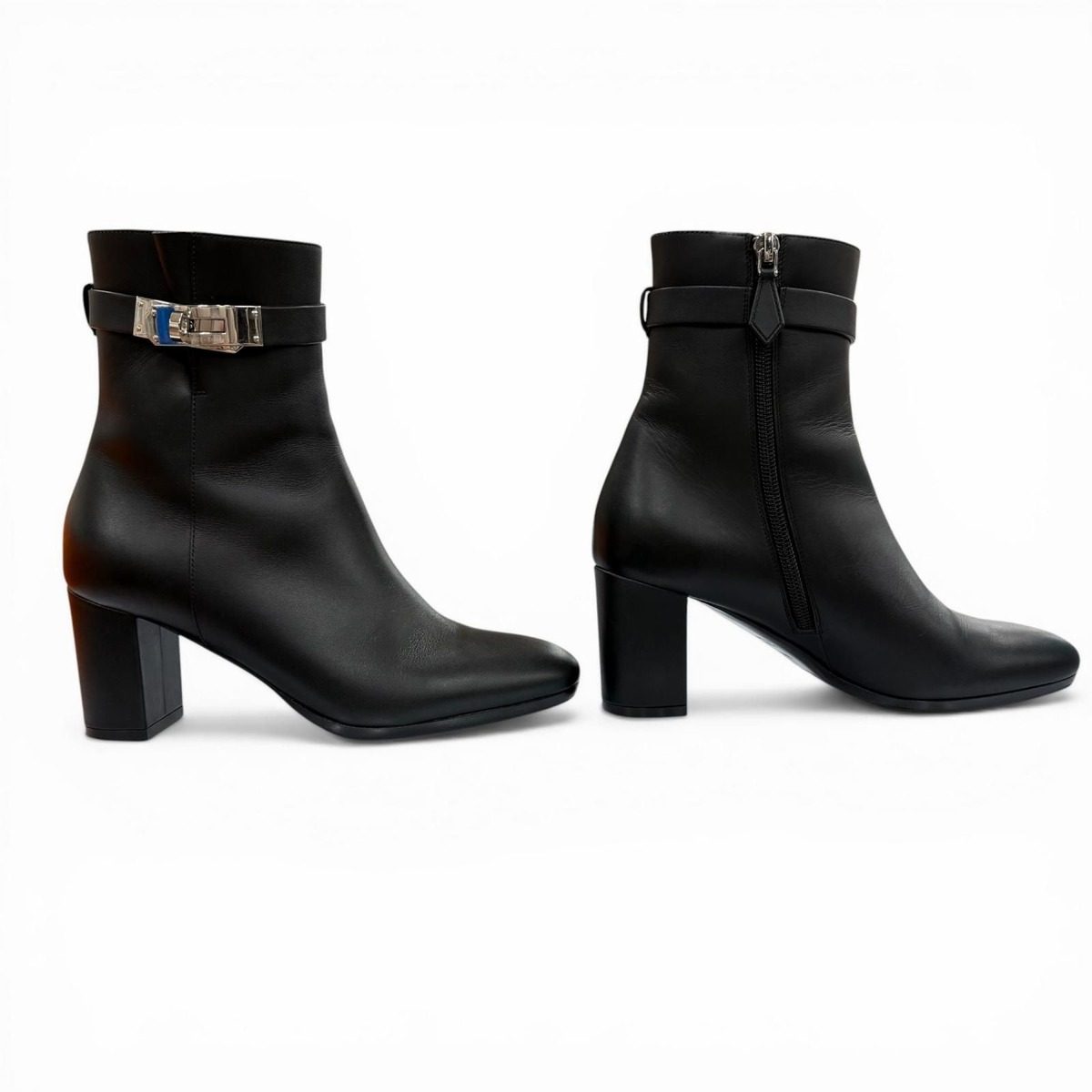 Hermes Saint Germain Silver Kelly Buckle Side Zip Leather Short Boots Black — view 9