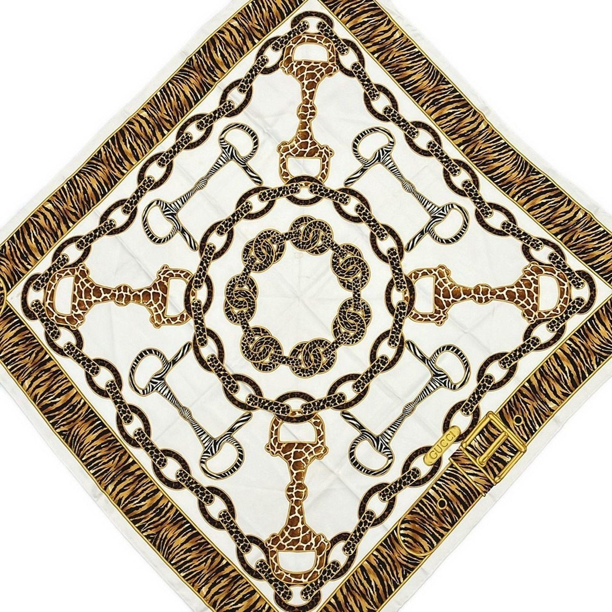 Gucci Scarf Ivory Light Brown Multi Animal Pattern Horsebit Motif