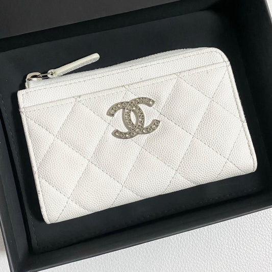 Chanel Quilted Zip Card Case CC Logo White