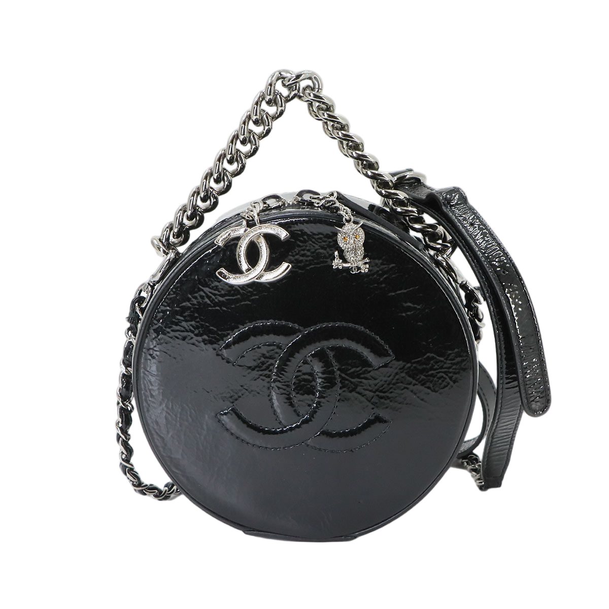 Chanel Round Quilted 2-Way Chain Shoulder Bag Patent Leather Black