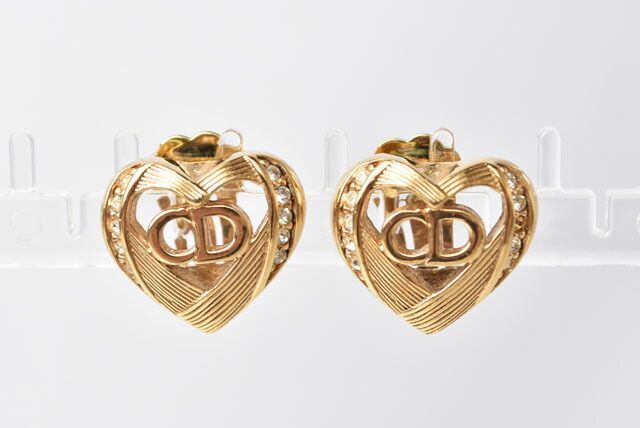 Christian Dior Earrings Christian Dior Vintage Heart Motif Rhinestone Gold