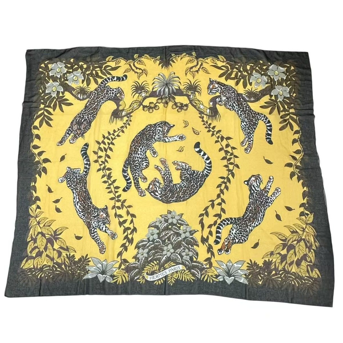 Hermes Scarf Large Tiger Print Yellow Cotton