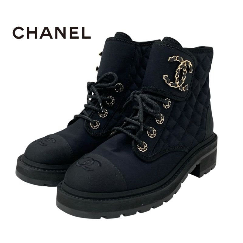 Chanel Boots Short Shoes Fabric Black Gold Quilted Coco Mark Lace Up