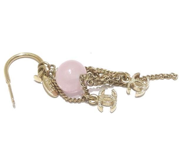 Chanel 09A Chain Earrings Coco Mark Gold Color With Pinkish Stone Ladies