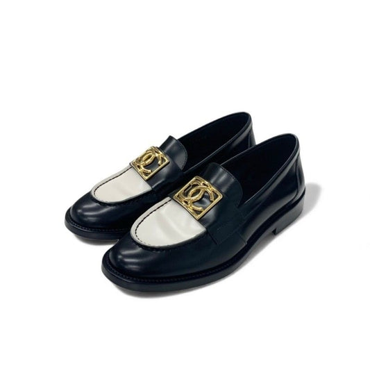 Chanel Loafers Shoes Leather Black White Gold Coco Mark Flat