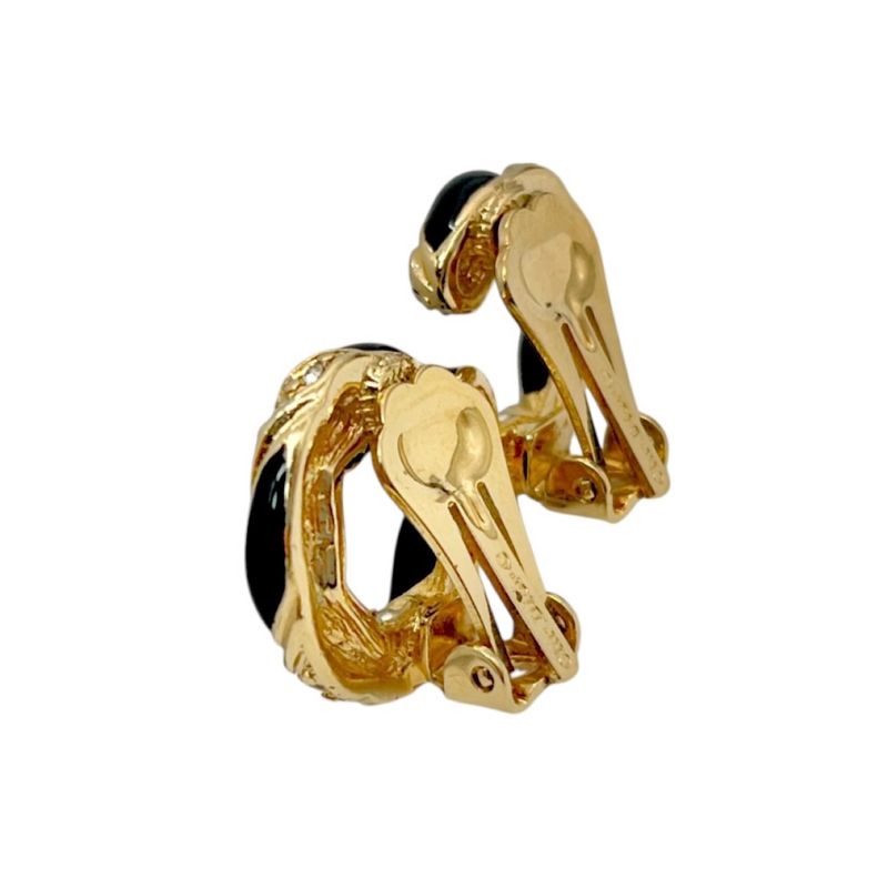 Christian DIOR Earrings Metal Black Stone Rhinestone Twisted Gold