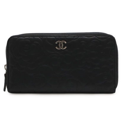 Chanel Camellia Coco Mark Zip Wallet Round Zipper Long Lambskin Leather