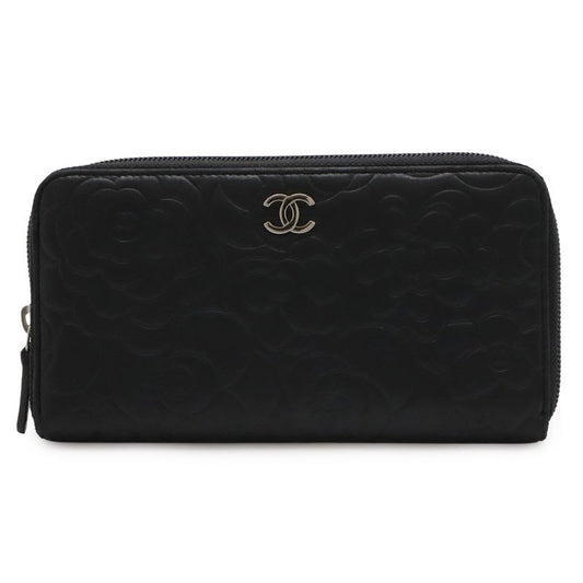 Chanel Camellia Coco Mark Zip Wallet Round Zipper Long Lambskin Leather