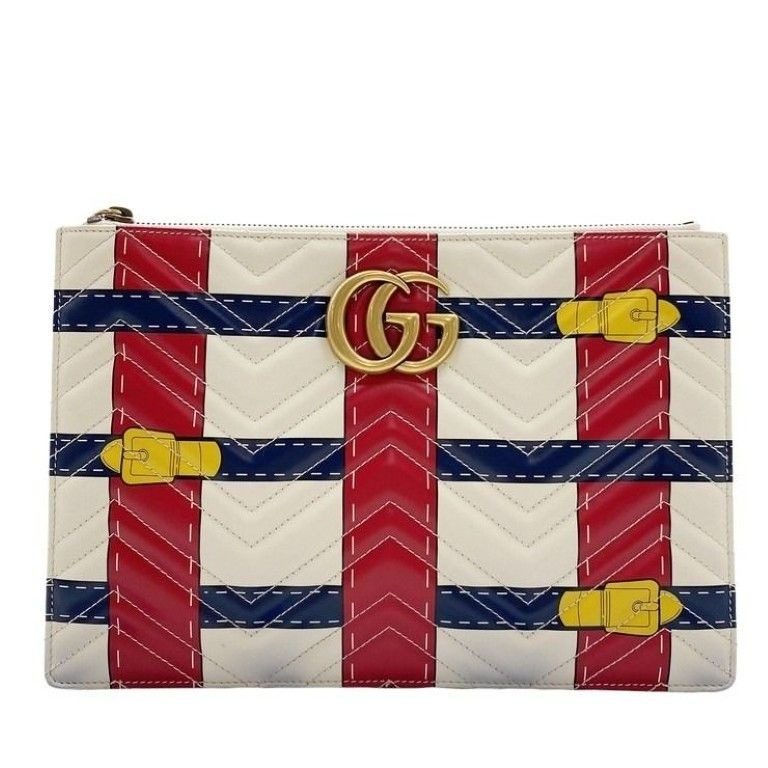 Gucci Clutch GG Marmont Ivory Red Navy Leather Belt Motif Gold