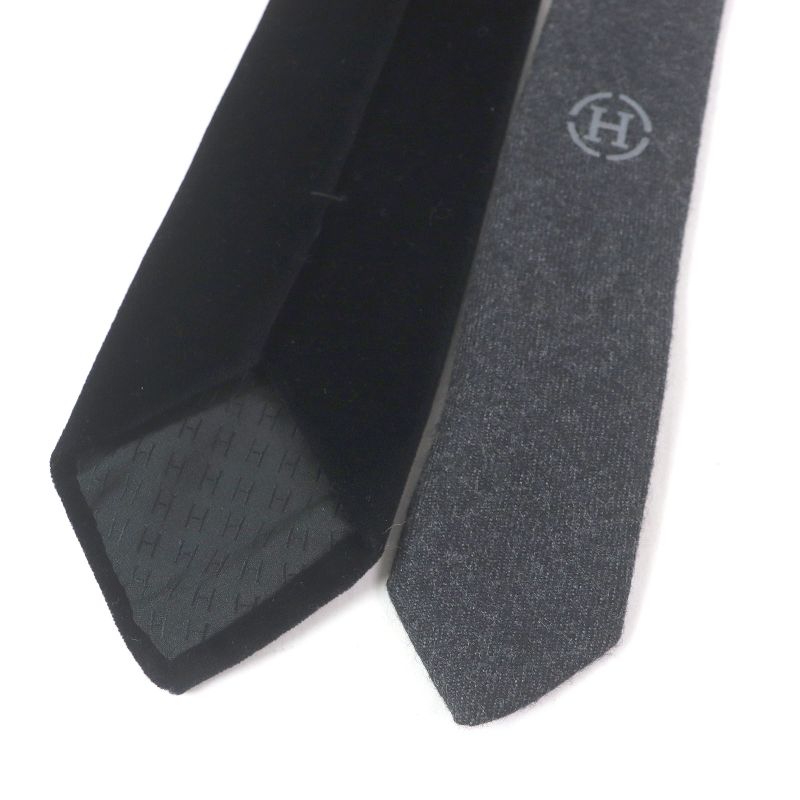 Hermes H Logo Velour Switch Narrow Tie Gray Black Made In France Men's Business