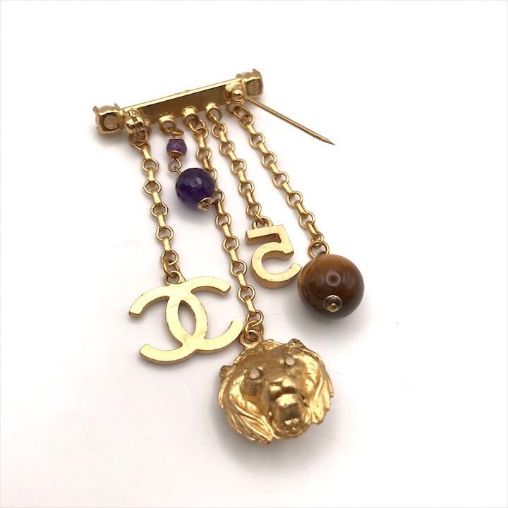 Chanel CC Logo Lion Motif Color Stone Taiga Eye Brooch Gold