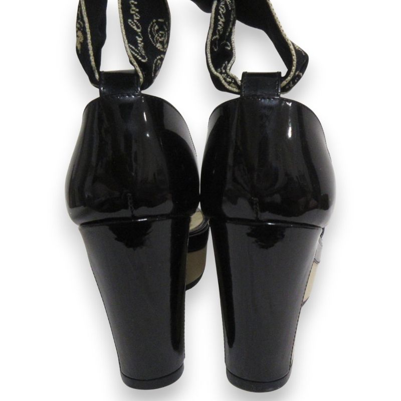Chanel Patent Leather Platform Ribbon Ankle Strap Heeled Sandals 37.5 Approx