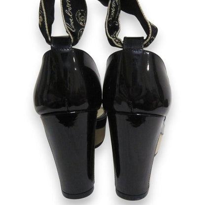 Chanel Patent Leather Platform Ribbon Ankle Strap Heeled Sandals 37.5 Approx