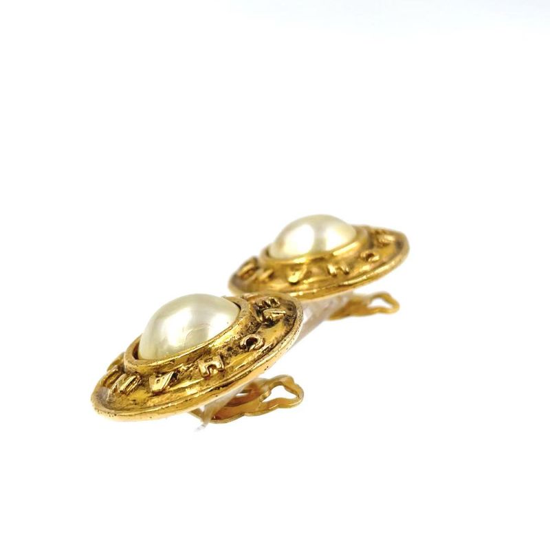 Chanel Old Chanel Logo Faux Pearl GP X Faux Pearl Ivory X Gold Earrings