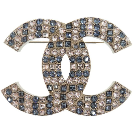 Chanel Rhinestone Metal Silver Blue Brooch 1673