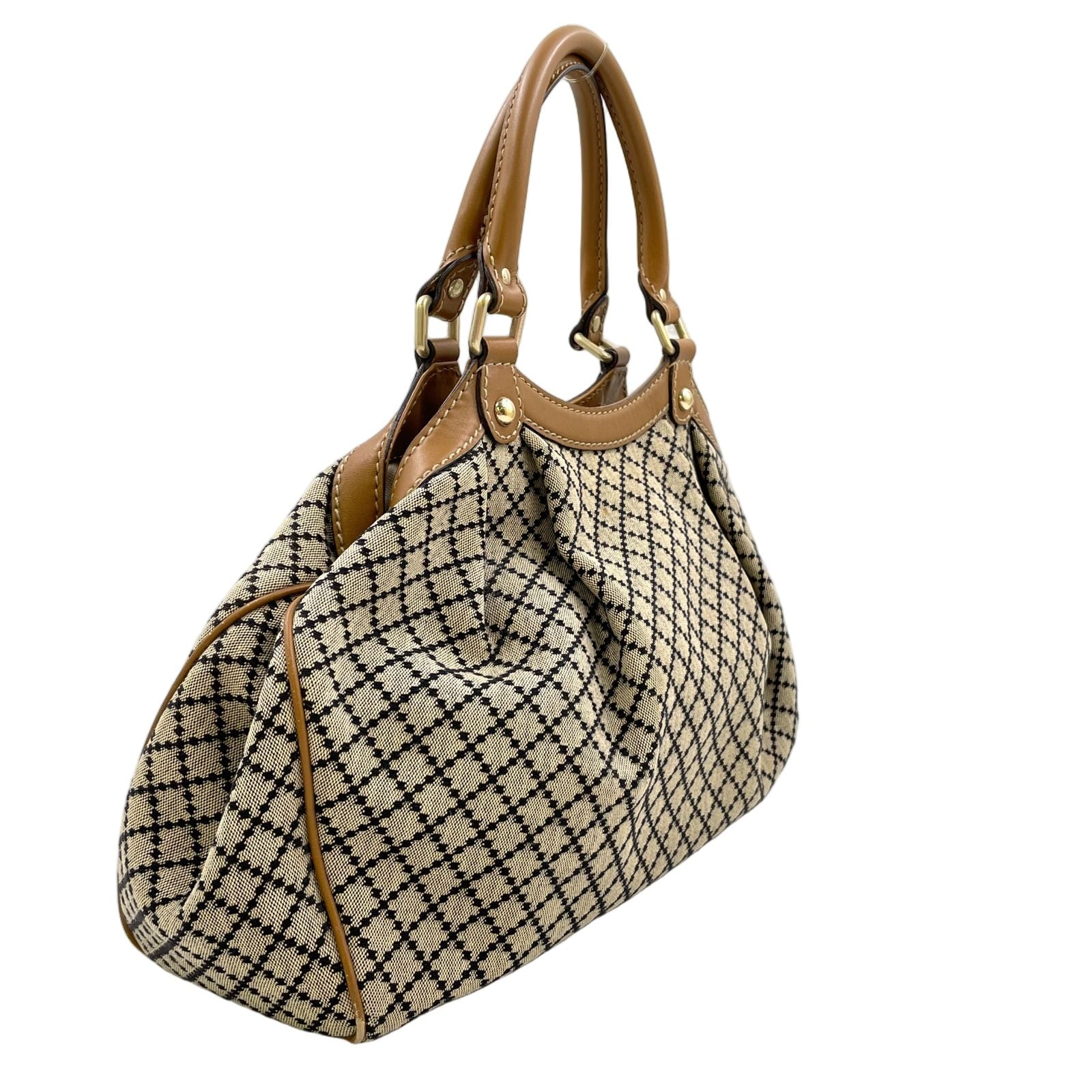 Gucci Ski Diamante Leather Canvas Beige Light Brown Handbag Gold — view 2