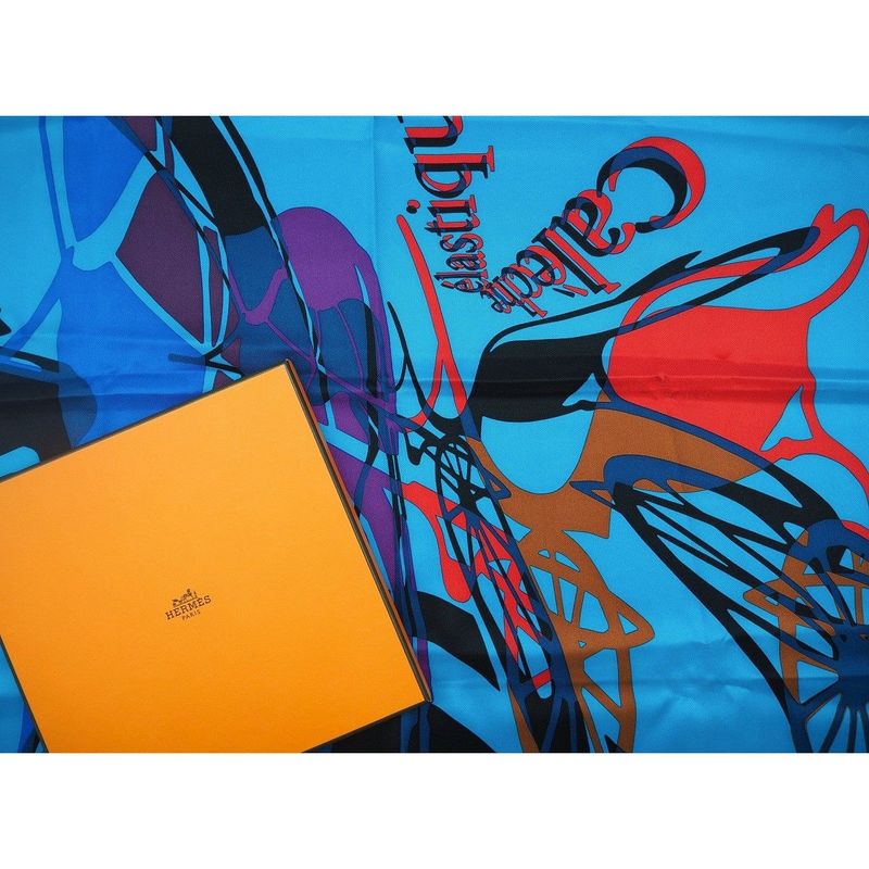 Hermes Carre 70 Caleche Elastique Carre Vintage Silk Blue Canard Rouge Blue