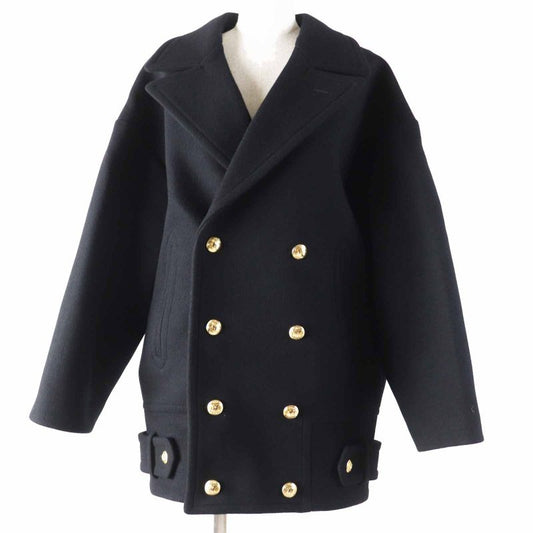 Celine 2 M06 A814 E Wool Triomphe Gold Button Egg Shape Pea Coat Black 36