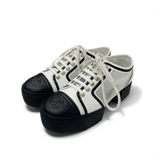 Chanel Sneakers Shoes Leather Mesh White Black Coco Mark Lace Up
