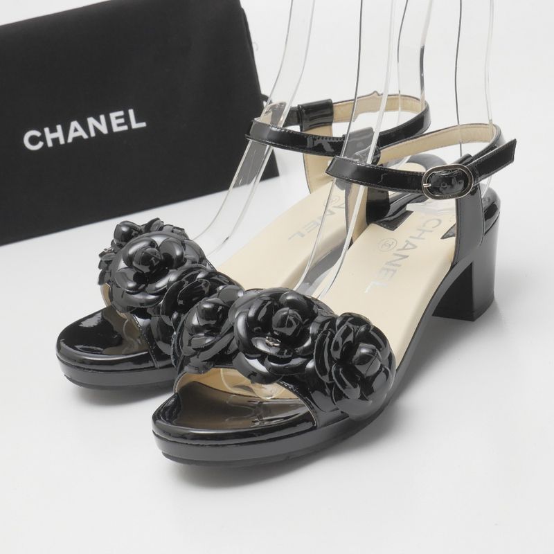 Chanel Sandals Size 35 Camellia CC Logo Coco Mark Patent Enamel Leather Ankle