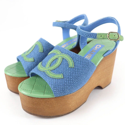 Chanel CC Logo Ankle Strap Wedge Sole Sandals Blue Green 35