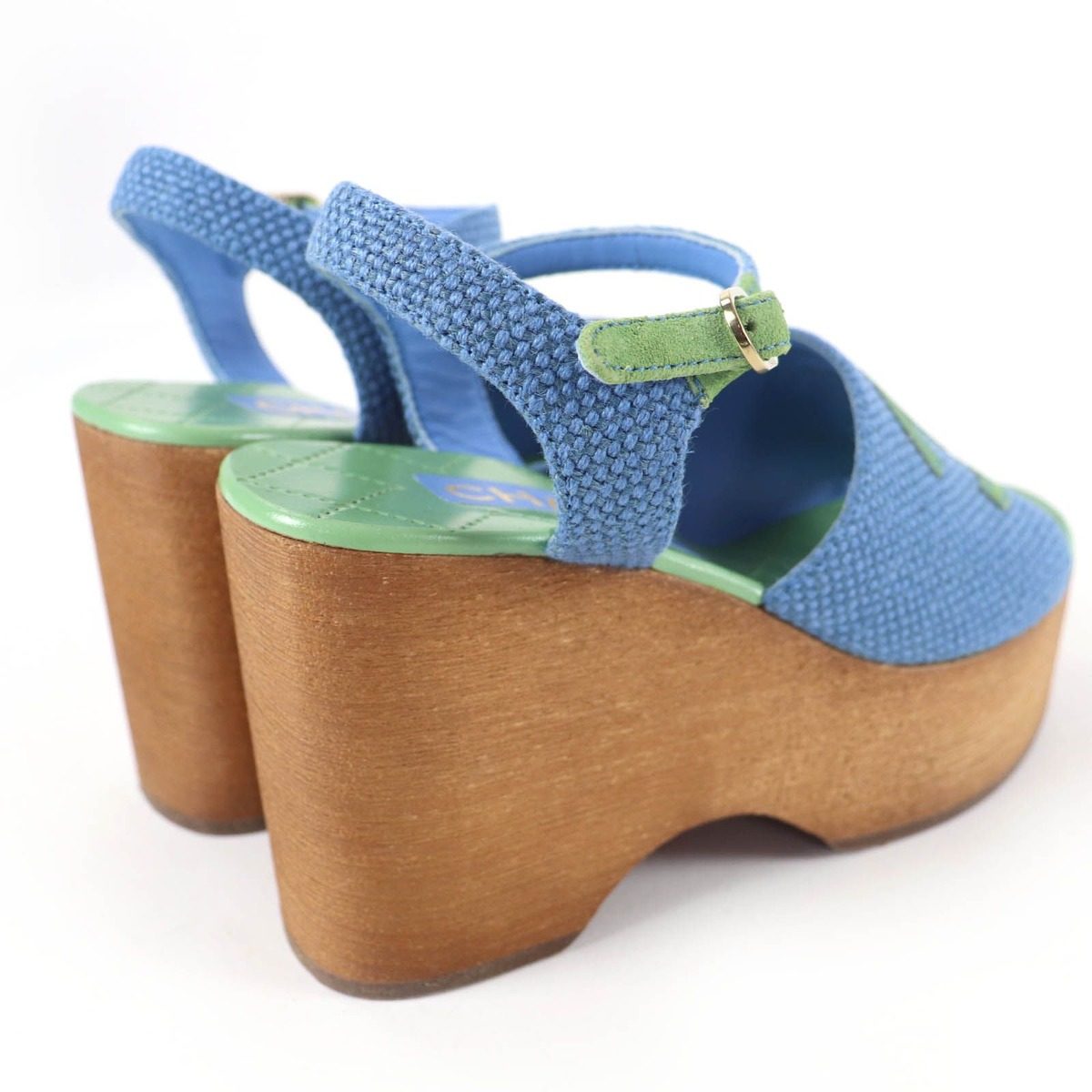 Chanel CC Logo Ankle Strap Wedge Sole Sandals Blue Green 35 — view 2