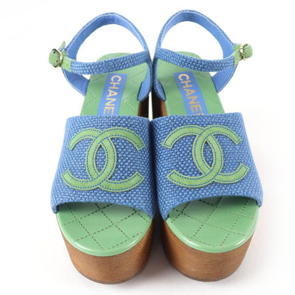 Chanel CC Logo Ankle Strap Wedge Sole Sandals Blue Green 35 — view 3