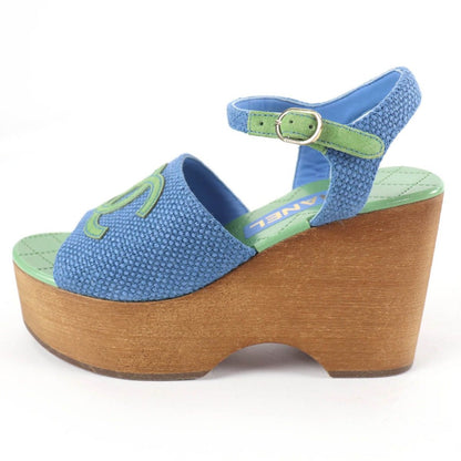 Chanel CC Logo Ankle Strap Wedge Sole Sandals Blue Green 35 — view 4