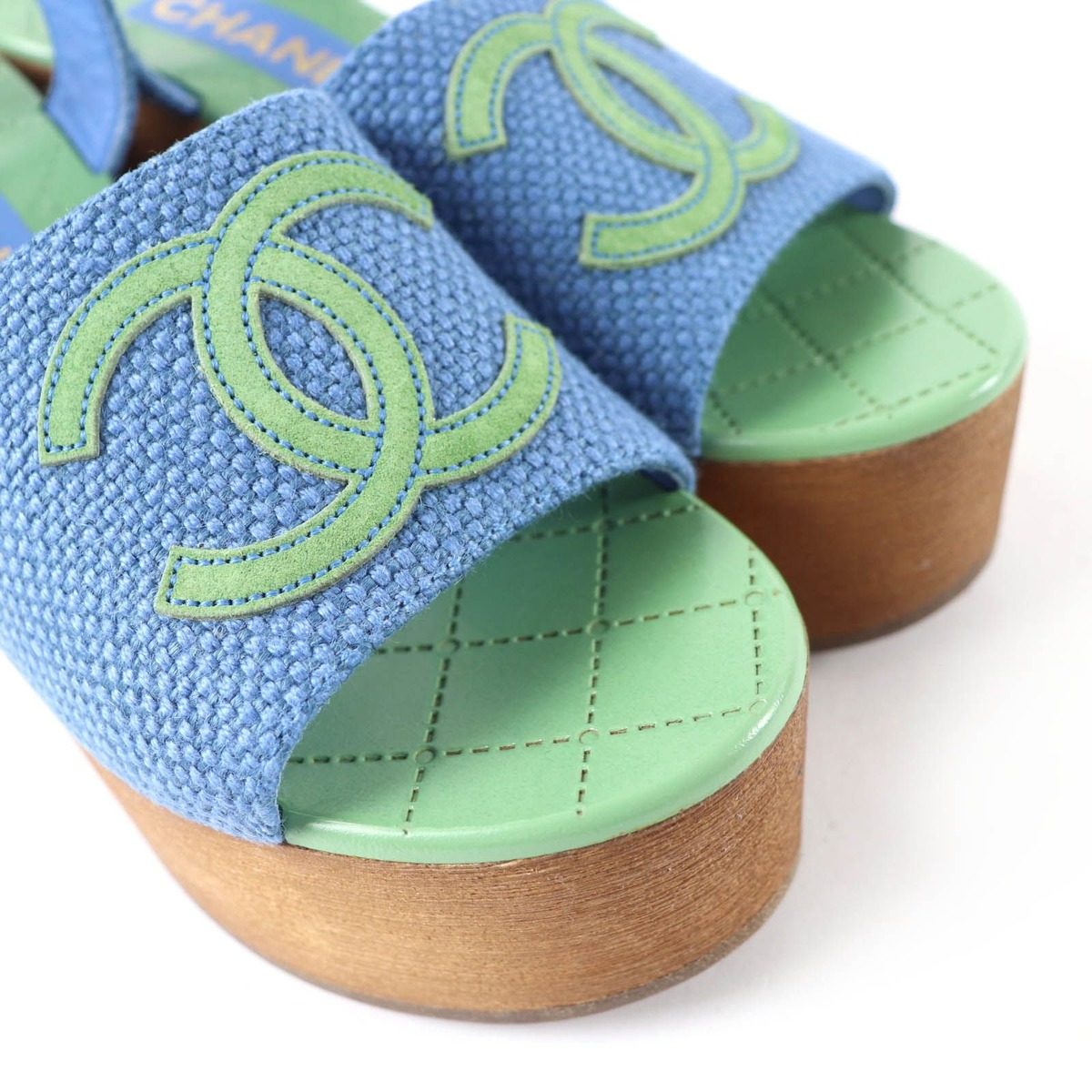 Chanel CC Logo Ankle Strap Wedge Sole Sandals Blue Green 35 — view 7
