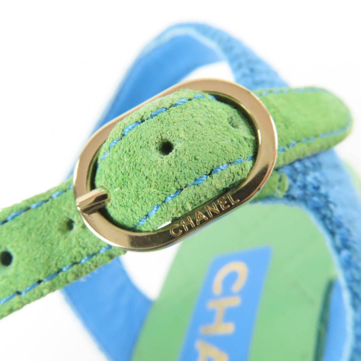 Chanel CC Logo Ankle Strap Wedge Sole Sandals Blue Green 35 — view 8
