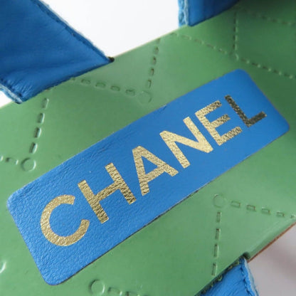 Chanel CC Logo Ankle Strap Wedge Sole Sandals Blue Green 35 — view 9