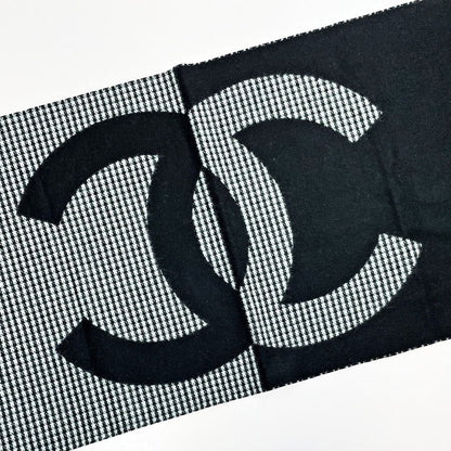 Chanel Stole Black Gingham Check Wool X Cashmere Women's