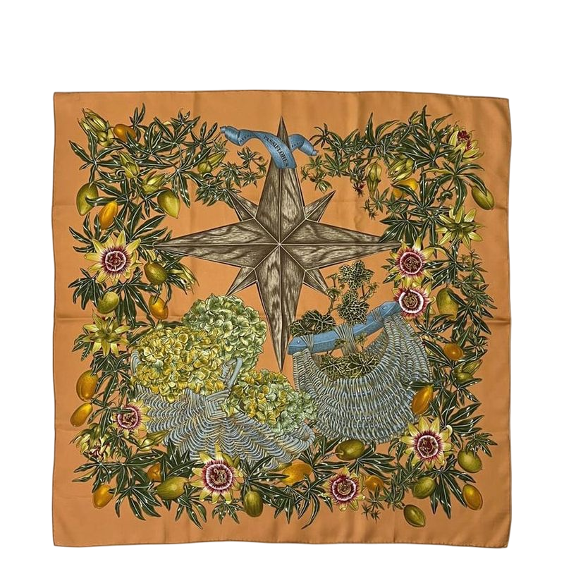 Hermes Scarf Carré 90 Orange Beige Passiflores